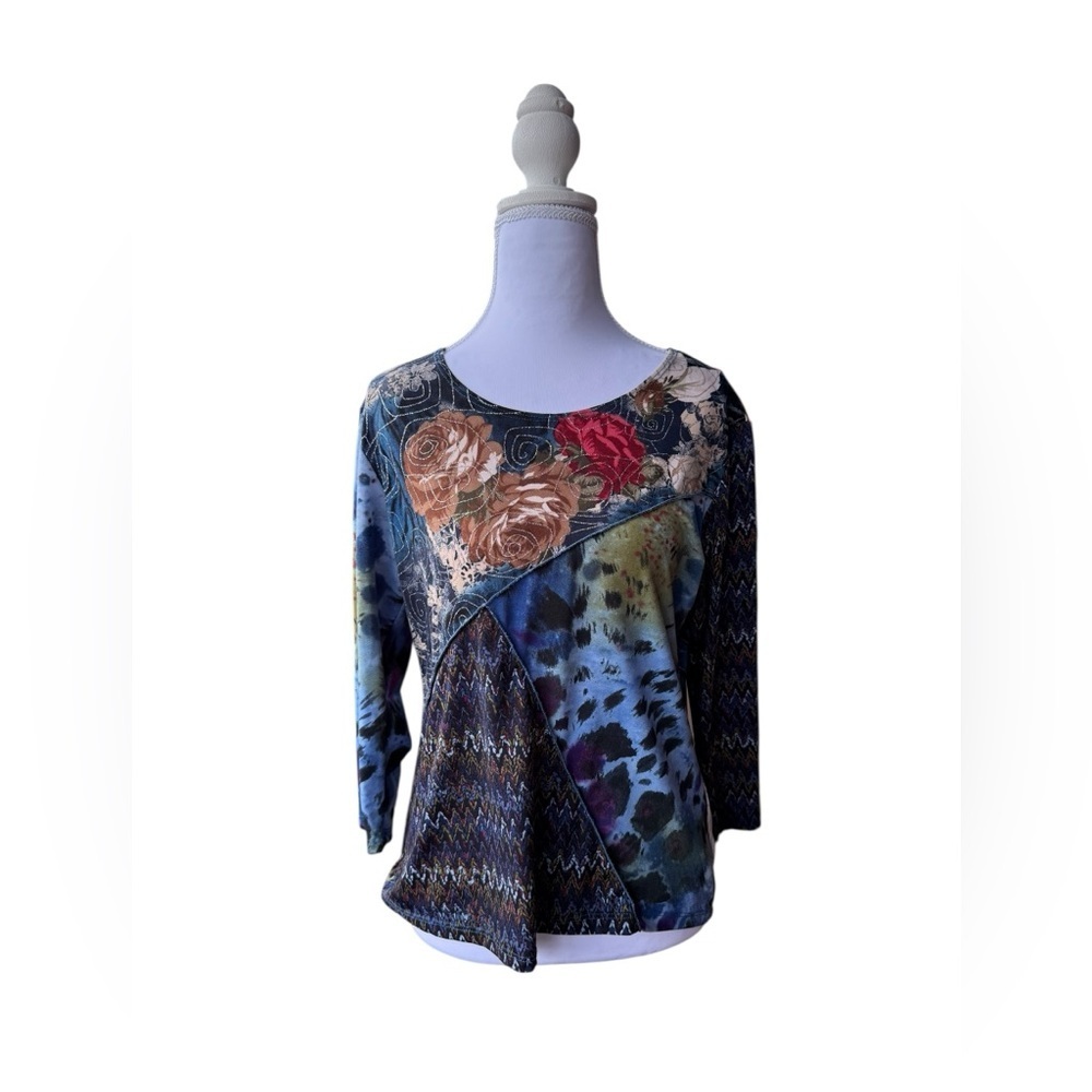Jessica Max Women’s Y2K Patchwork Boho Blue Glitter Blouse Top Size Large